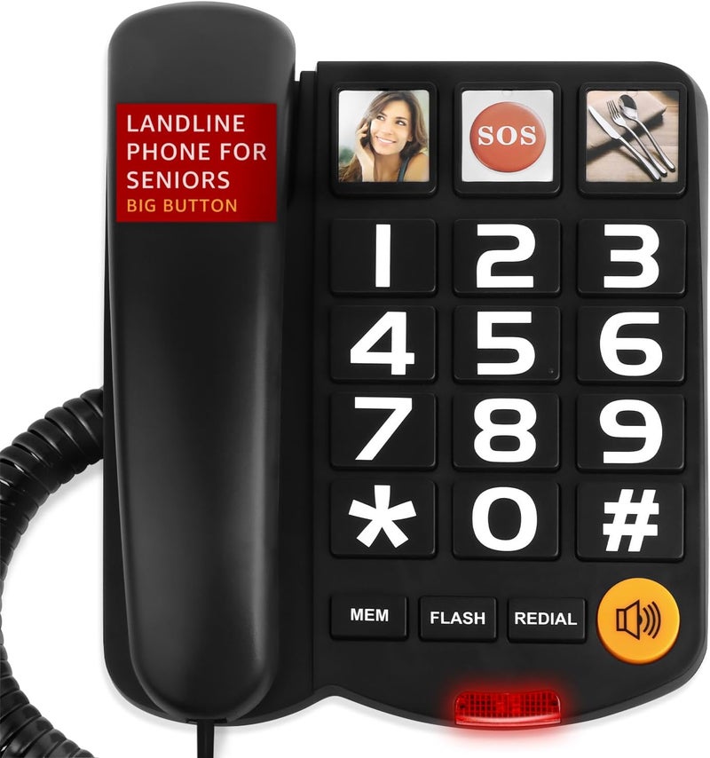 Uvital Big Button Phones for Seniors, Black Corded Landline Phone with 3 One-Touch Dialing Big Buttons, Hands-Free, Loud Ringer, Adjustable Volume, Easy to Use for Elderly - Image 1